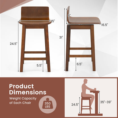 24.5 Inch Wooden Swivel Bar Stools with Low Back and Rubber Wood Legs Set of 2