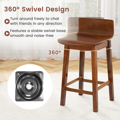 24.5 Inch Wooden Swivel Bar Stools with Low Back and Rubber Wood Legs Set of 2