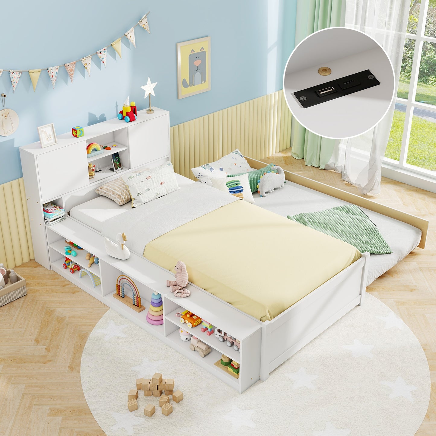 Twin Bed with Trundle, Storage Headboard and Built-in Power Outlets – White