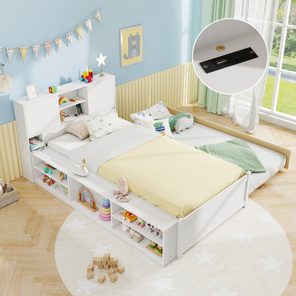 Twin Bed with Trundle, Storage Headboard and Built-in Power Outlets – White