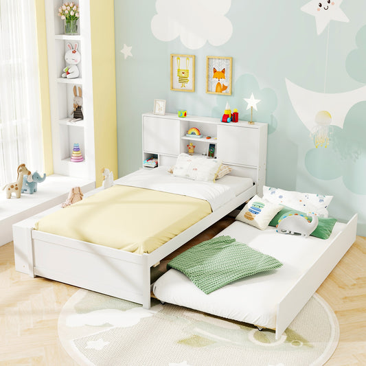 Twin Bed with Trundle, Storage Headboard and Built-in Power Outlets – White