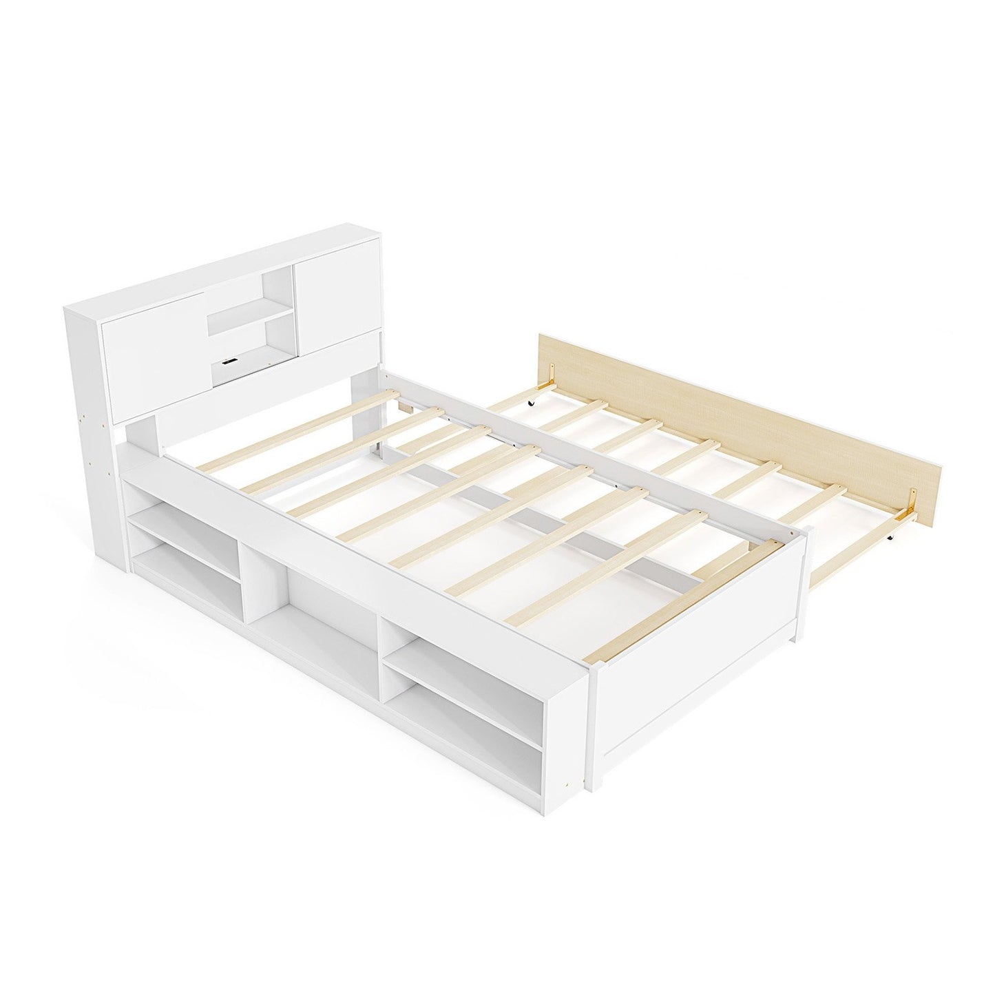 Twin Bed with Trundle, Storage Headboard and Built-in Power Outlets – White