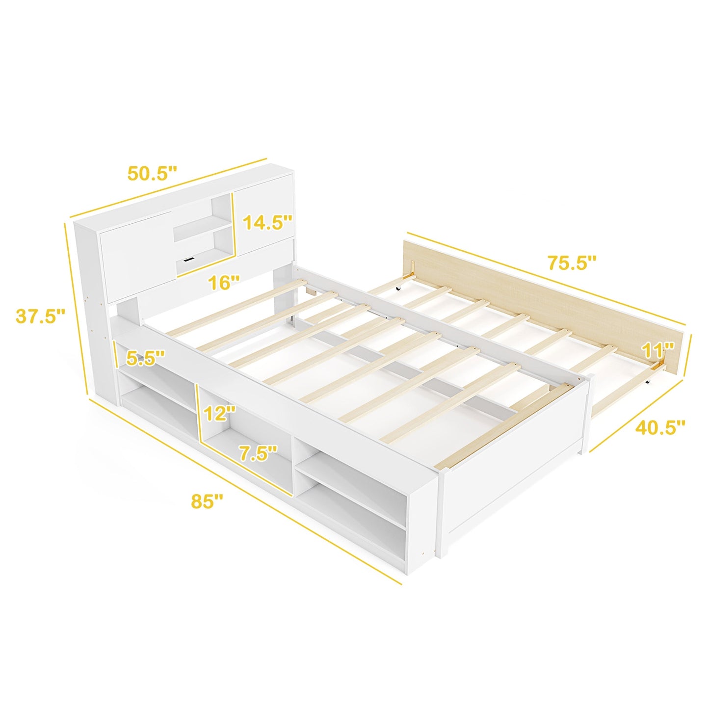 Twin Bed with Trundle, Storage Headboard and Built-in Power Outlets – White