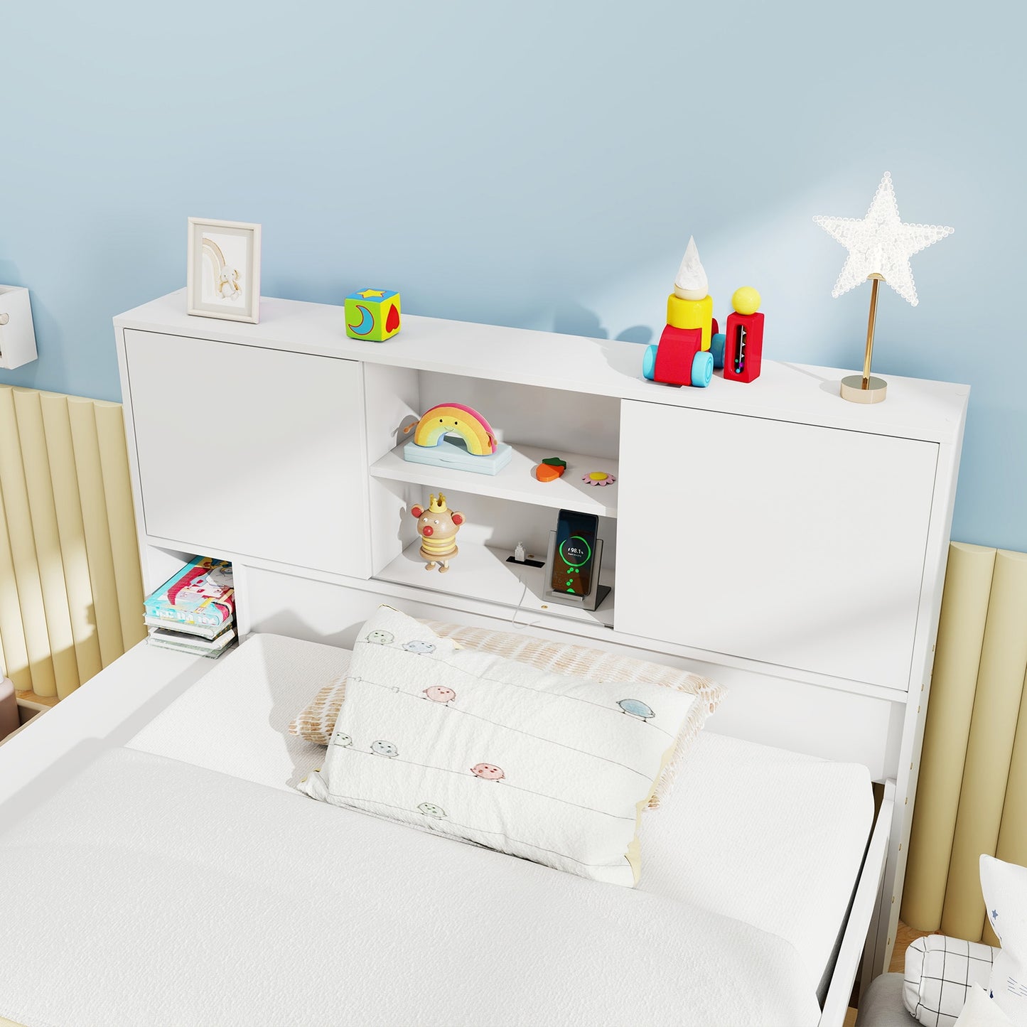 Twin Bed with Trundle, Storage Headboard and Built-in Power Outlets – White