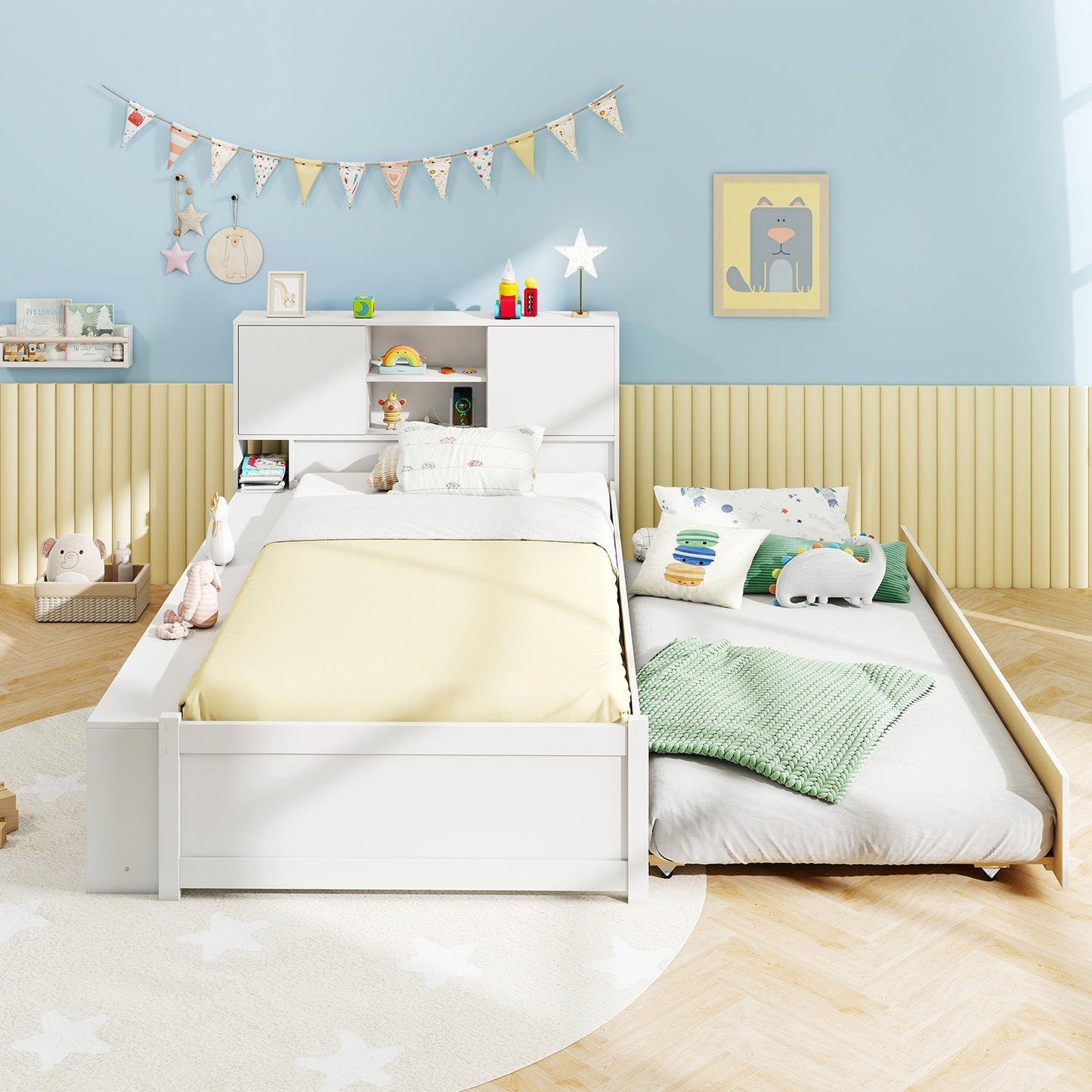 Twin Bed with Trundle, Storage Headboard and Built-in Power Outlets – White
