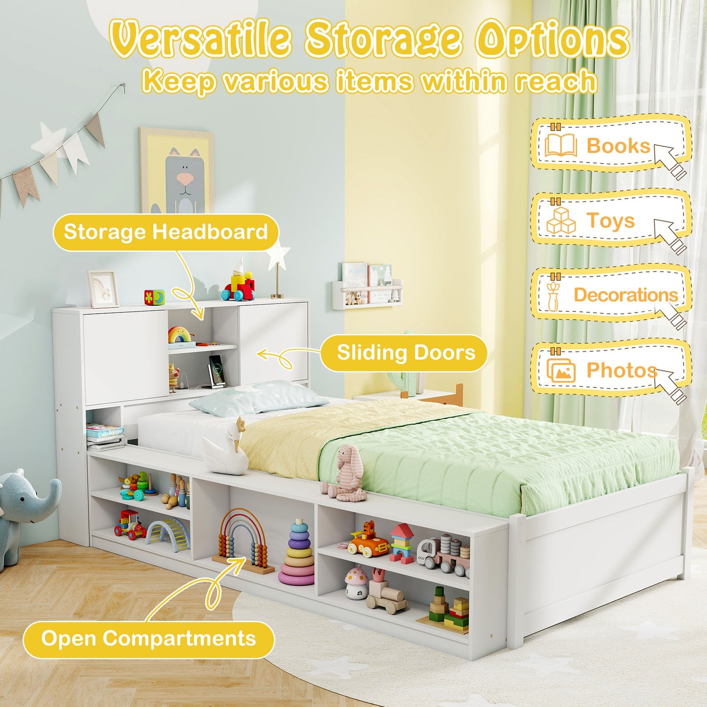 Twin Bed with Trundle, Storage Headboard and Built-in Power Outlets – White
