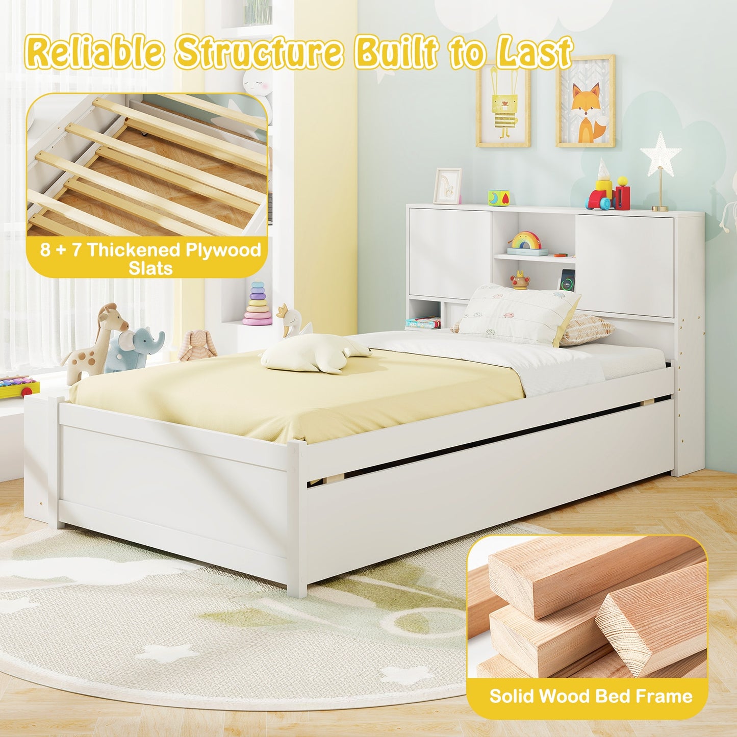 Twin Bed with Trundle, Storage Headboard and Built-in Power Outlets – White