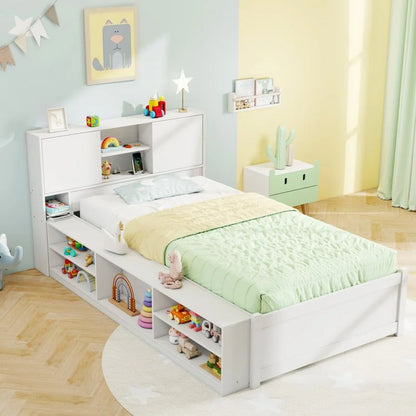 Twin Bed with Trundle, Storage Headboard and Built-in Power Outlets – White