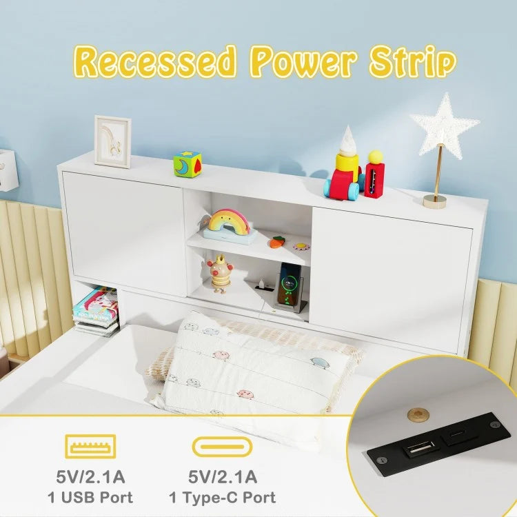 Twin Bed with Trundle, Storage Headboard and Built-in Power Outlets – White