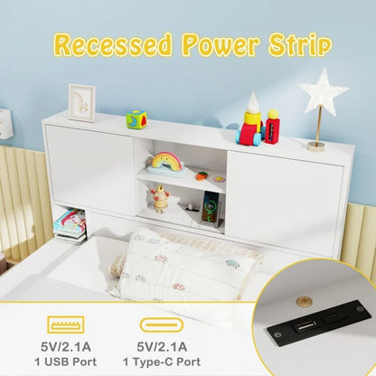 Twin Bed with Trundle, Storage Headboard and Built-in Power Outlets – White