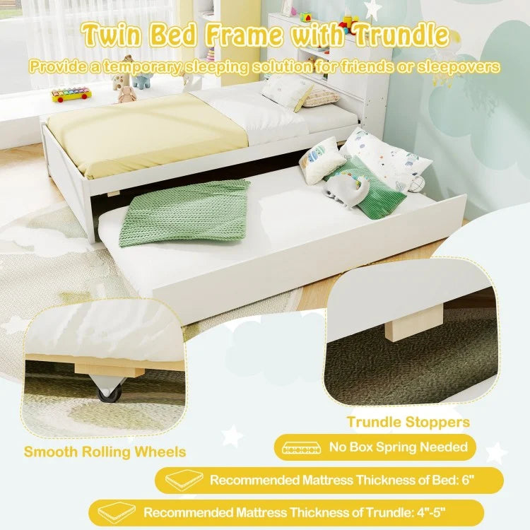 Twin Bed with Trundle, Storage Headboard and Built-in Power Outlets – White