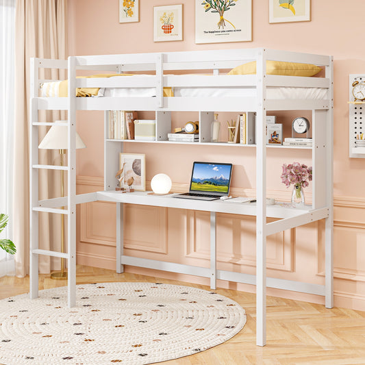 White Twin Loft Bed with Built-in Desk, Storage Shelves, and Guardrails – No Box Spring Needed