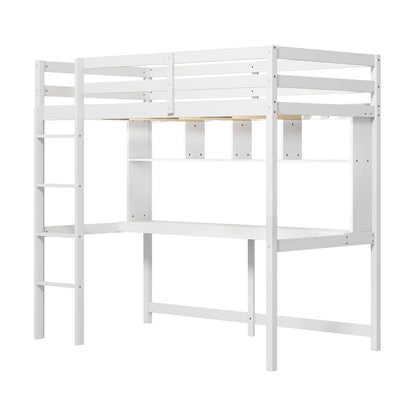 White Twin Loft Bed with Built-in Desk, Storage Shelves, and Guardrails – No Box Spring Needed