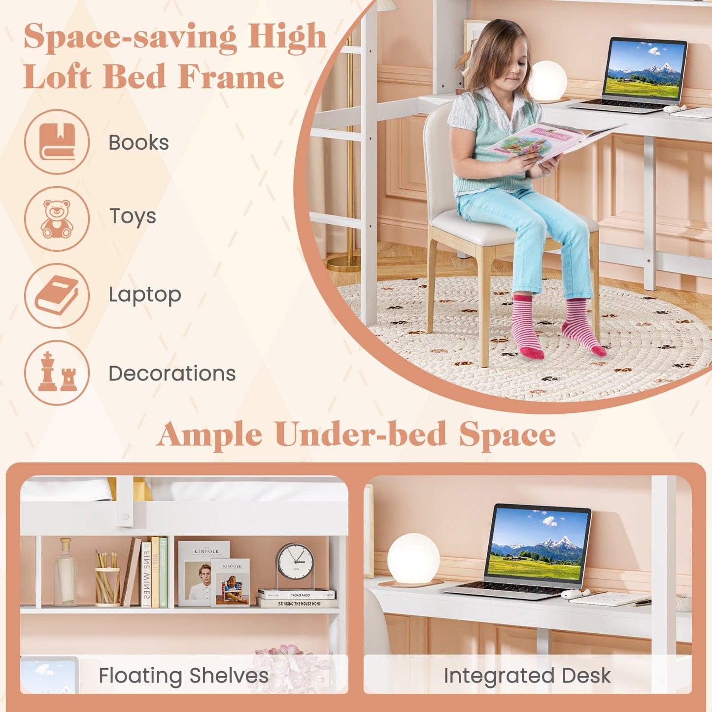 White Twin Loft Bed with Built-in Desk, Storage Shelves, and Guardrails – No Box Spring Needed