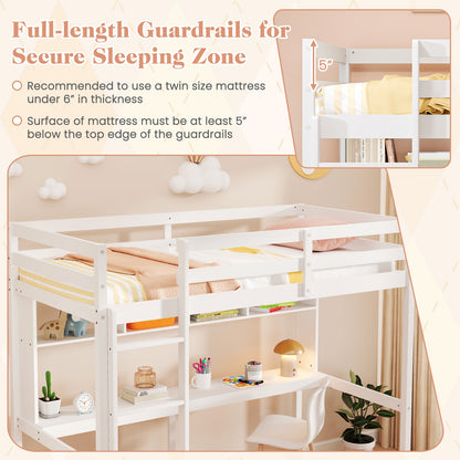 White Twin Loft Bed with Built-in Desk, Storage Shelves, and Guardrails – No Box Spring Needed