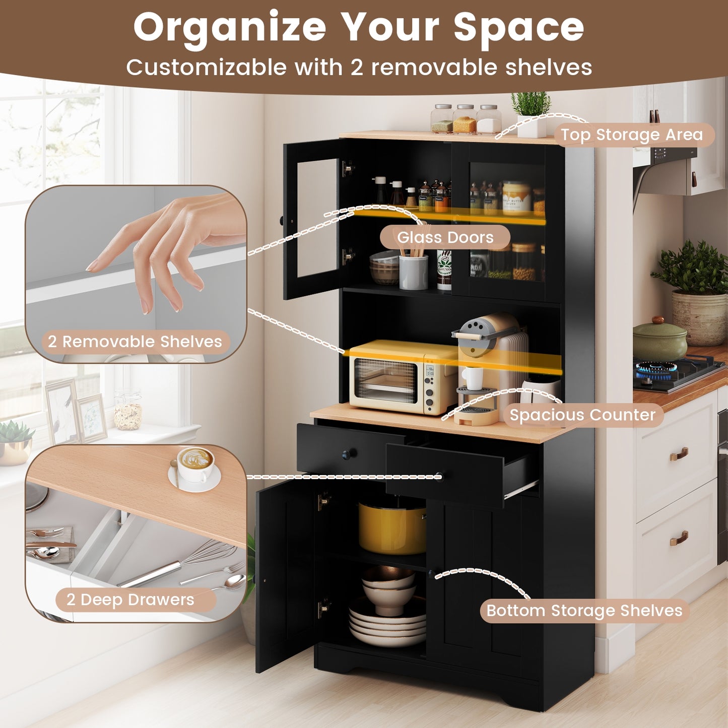 Kitchen Pantry Cabinet with Adjustable Shelves and Spacious Storage - Black