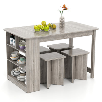 5 Piece Modern Dining Table Set with Storage Shelves and 4 Matching Stools in Grey
