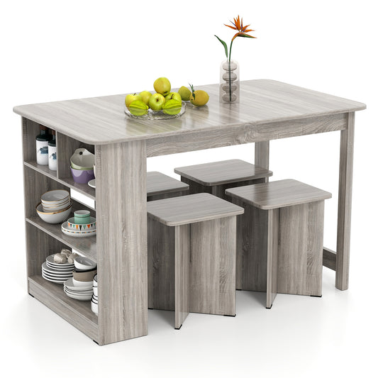 5 Piece Modern Dining Table Set with Storage Shelves and 4 Matching Stools in Grey