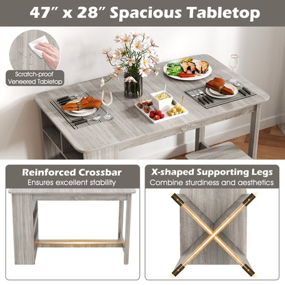 5 Piece Modern Dining Table Set with Storage Shelves and 4 Matching Stools in Grey