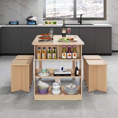 5 Piece Modern Dining Table Set with Storage Shelves and 4 Matching Stools in Natural