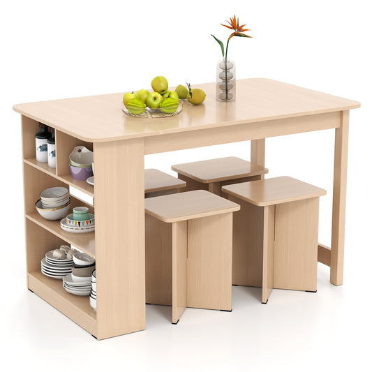 5 Piece Modern Dining Table Set with Storage Shelves and 4 Matching Stools in Natural