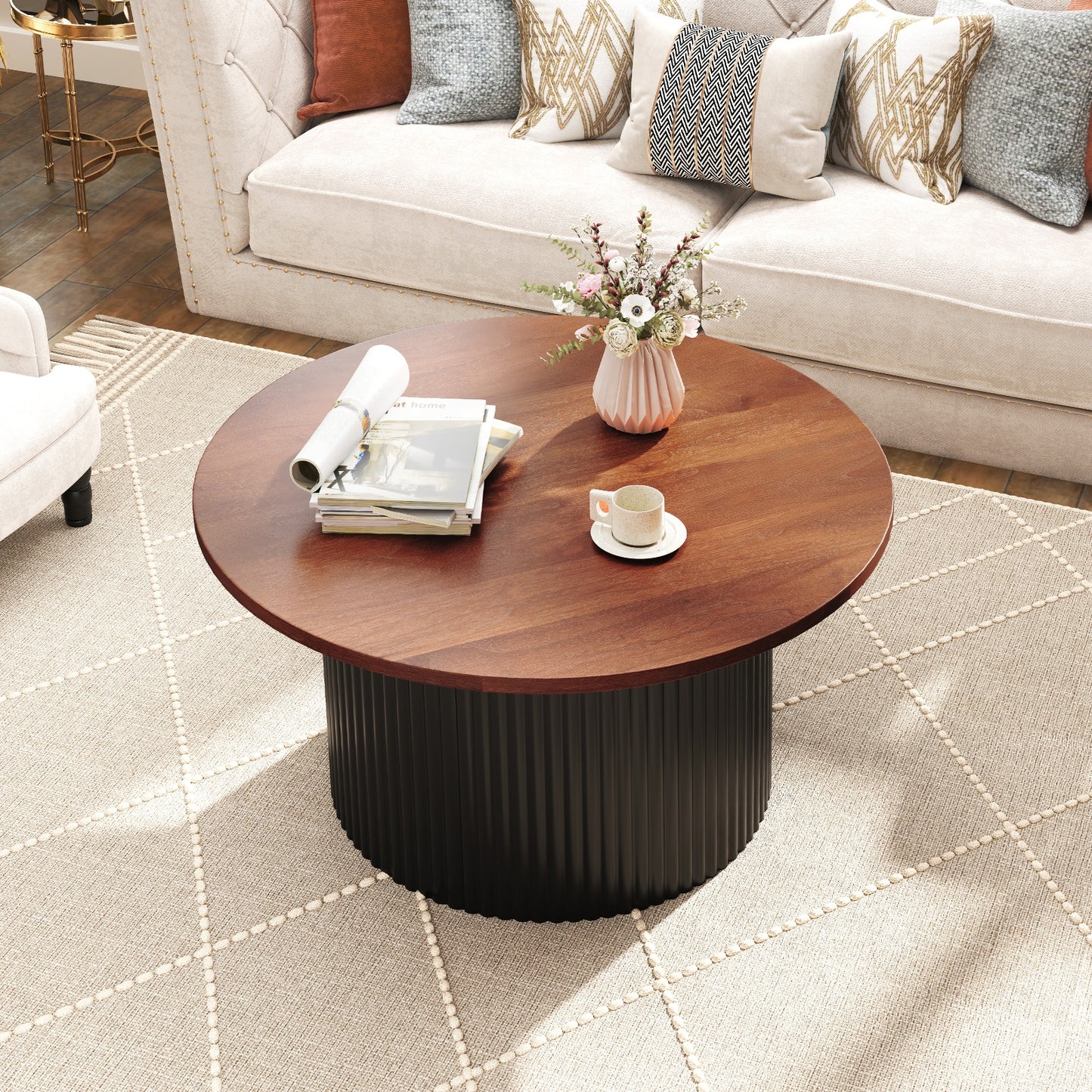 Round Solid Wood Coffee Table with Natural Wood Top and Sturdy Frame