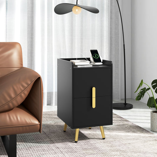 Modern Nightstand Side Table with 2 Drawers and 2 USB Ports – Black