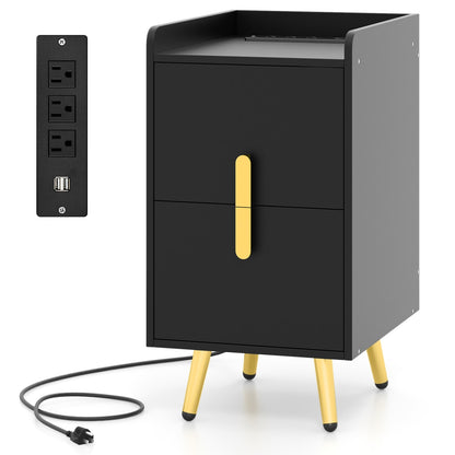 Modern Nightstand Side Table with 2 Drawers and 2 USB Ports – Black