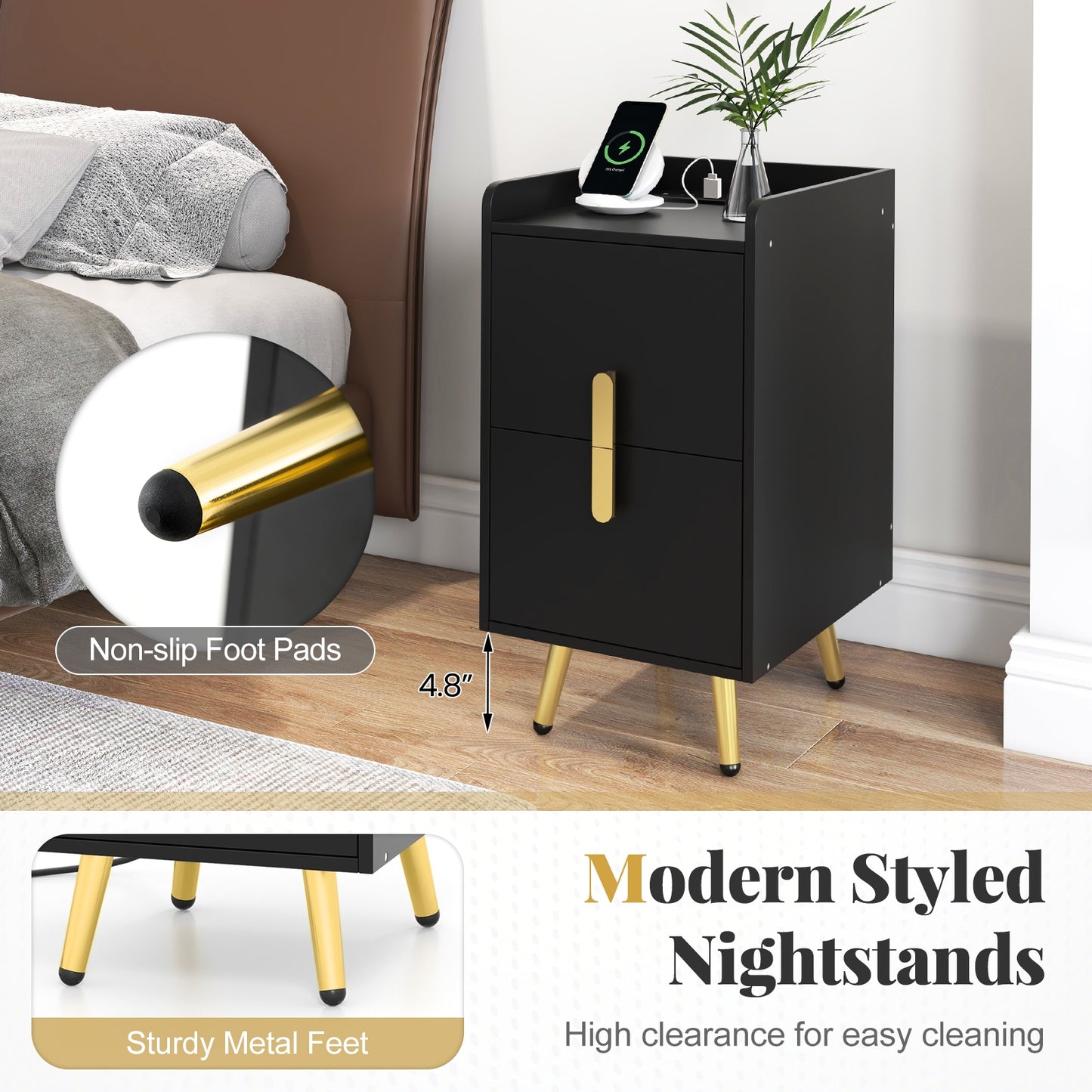 Modern Nightstand Side Table with 2 Drawers and 2 USB Ports – Black