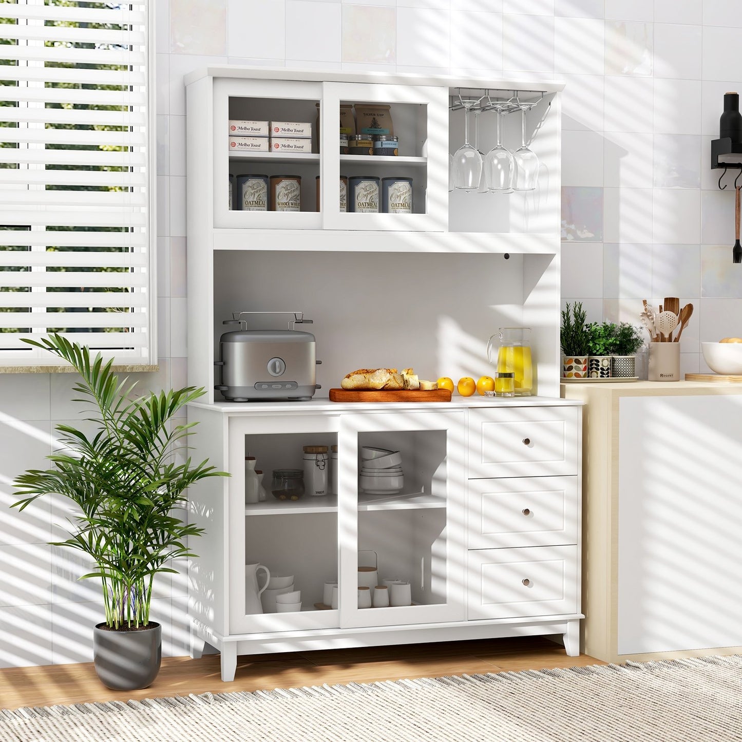 Kitchen Pantry Cabinet with LED Lights and Power Outlets, Freestanding Storage Hutch in White