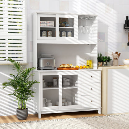 Kitchen Pantry Cabinet with LED Lights and Power Outlets, Freestanding Storage Hutch in White