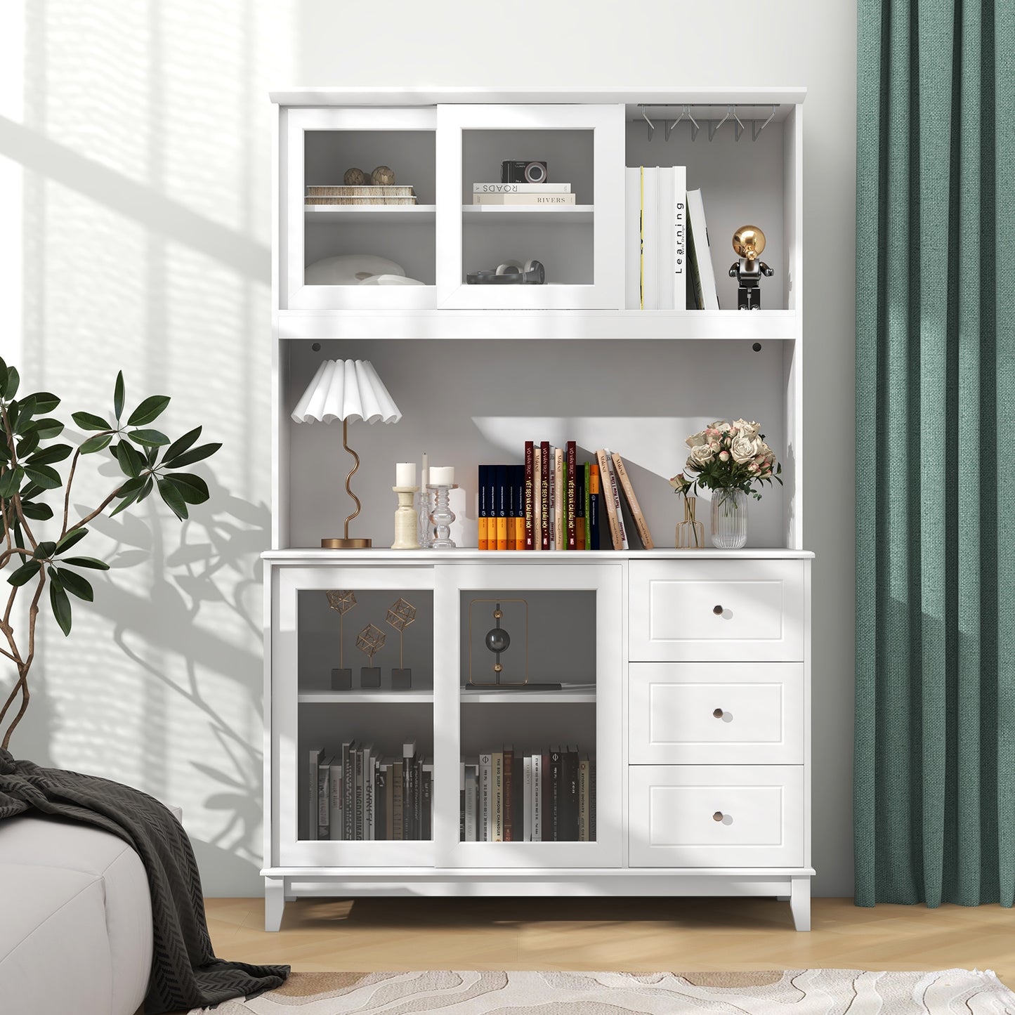 Kitchen Pantry Cabinet with LED Lights and Power Outlets, Freestanding Storage Hutch in White