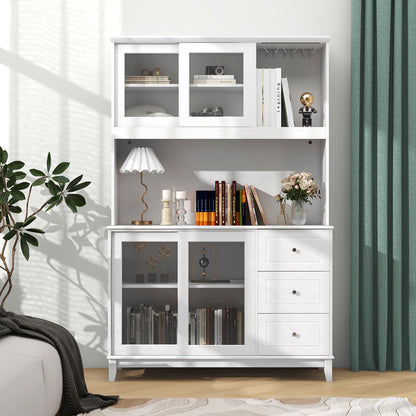 Kitchen Pantry Cabinet with LED Lights and Power Outlets, Freestanding Storage Hutch in White