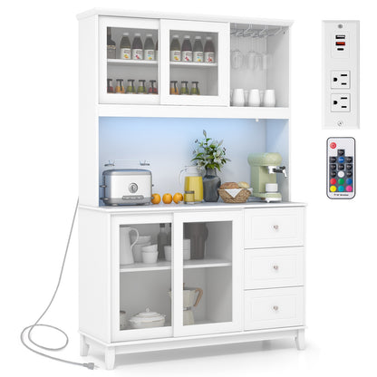 Kitchen Pantry Cabinet with LED Lights and Power Outlets, Freestanding Storage Hutch in White