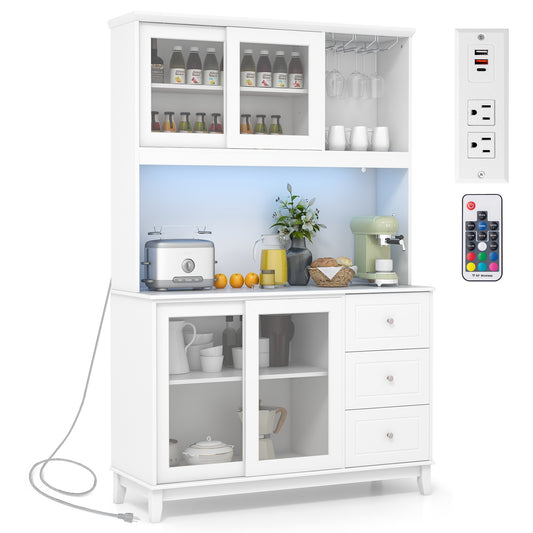 Kitchen Pantry Cabinet with LED Lights and Power Outlets, Freestanding Storage Hutch in White
