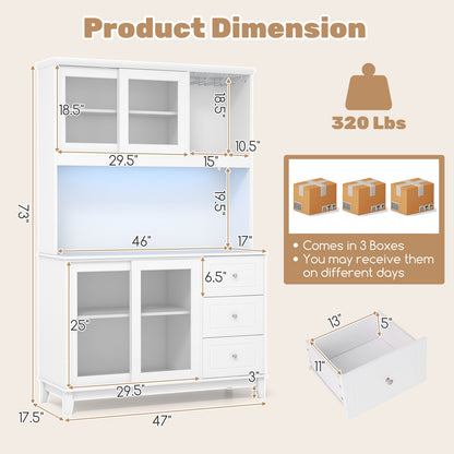 Kitchen Pantry Cabinet with LED Lights and Power Outlets, Freestanding Storage Hutch in White