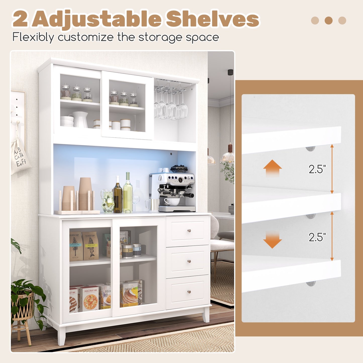 Kitchen Pantry Cabinet with LED Lights and Power Outlets, Freestanding Storage Hutch in White