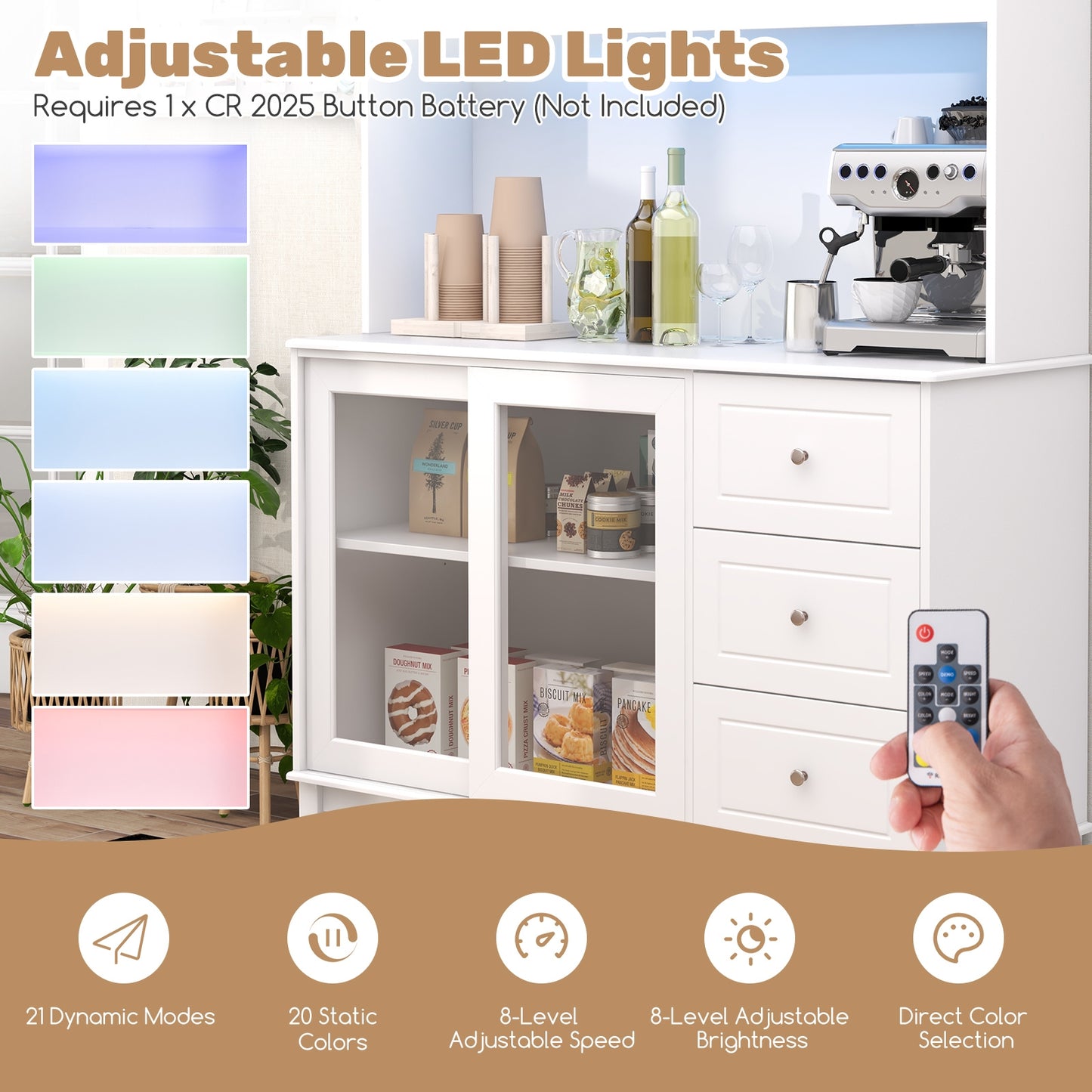 Kitchen Pantry Cabinet with LED Lights and Power Outlets, Freestanding Storage Hutch in White