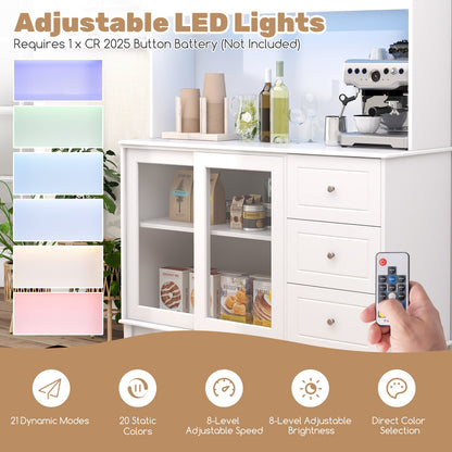 Kitchen Pantry Cabinet with LED Lights and Power Outlets, Freestanding Storage Hutch in White