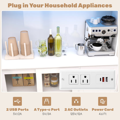 Kitchen Pantry Cabinet with LED Lights and Power Outlets, Freestanding Storage Hutch in White