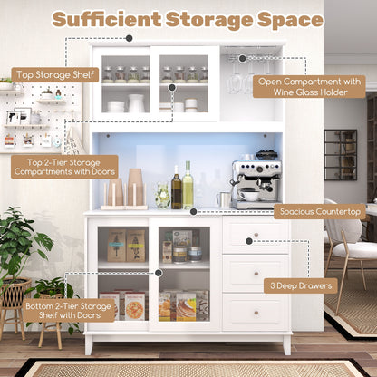 Kitchen Pantry Cabinet with LED Lights and Power Outlets, Freestanding Storage Hutch in White