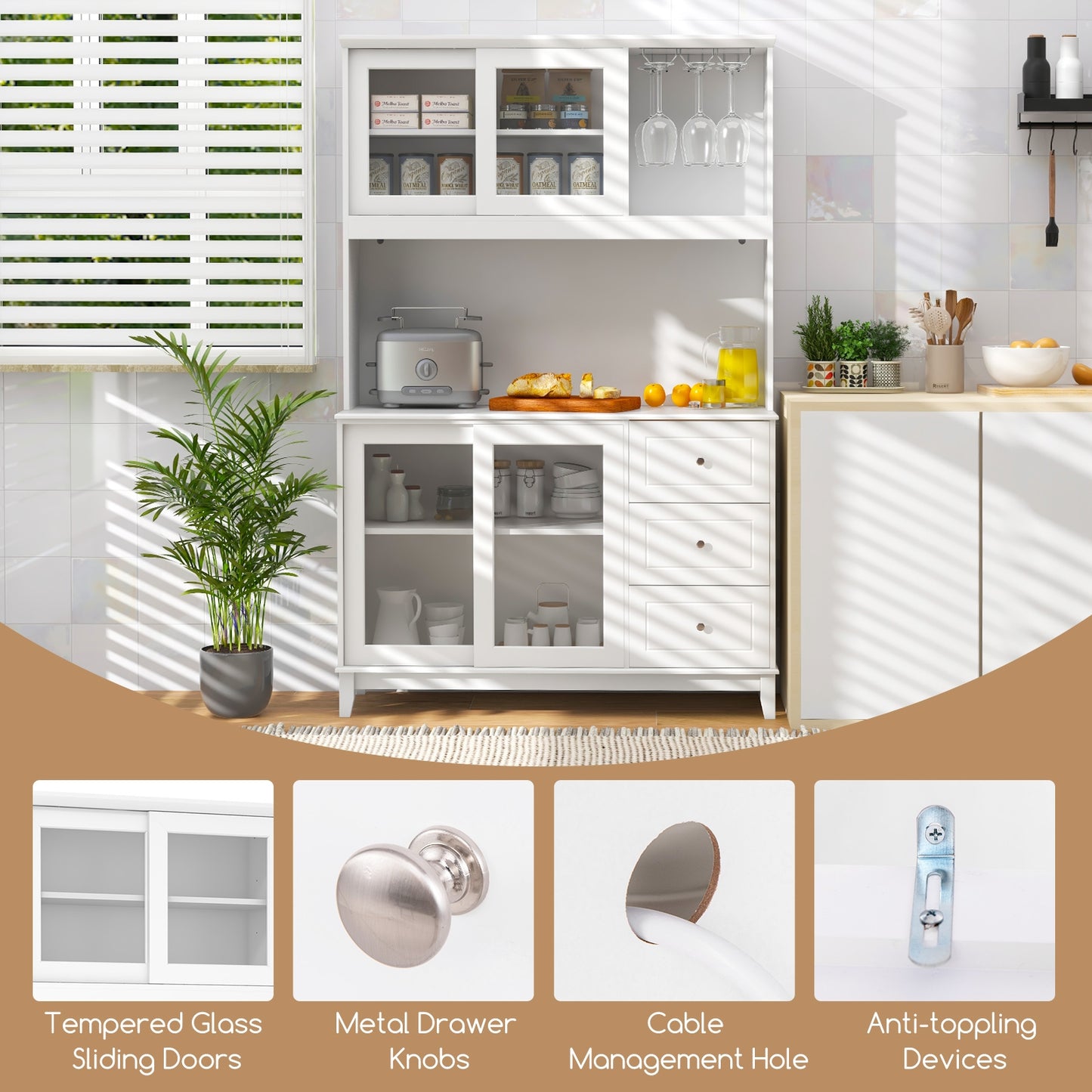 Kitchen Pantry Cabinet with LED Lights and Power Outlets, Freestanding Storage Hutch in White