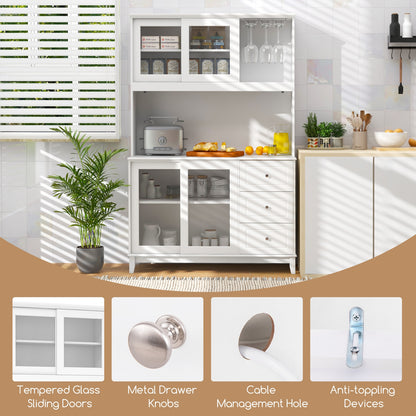 Kitchen Pantry Cabinet with LED Lights and Power Outlets, Freestanding Storage Hutch in White