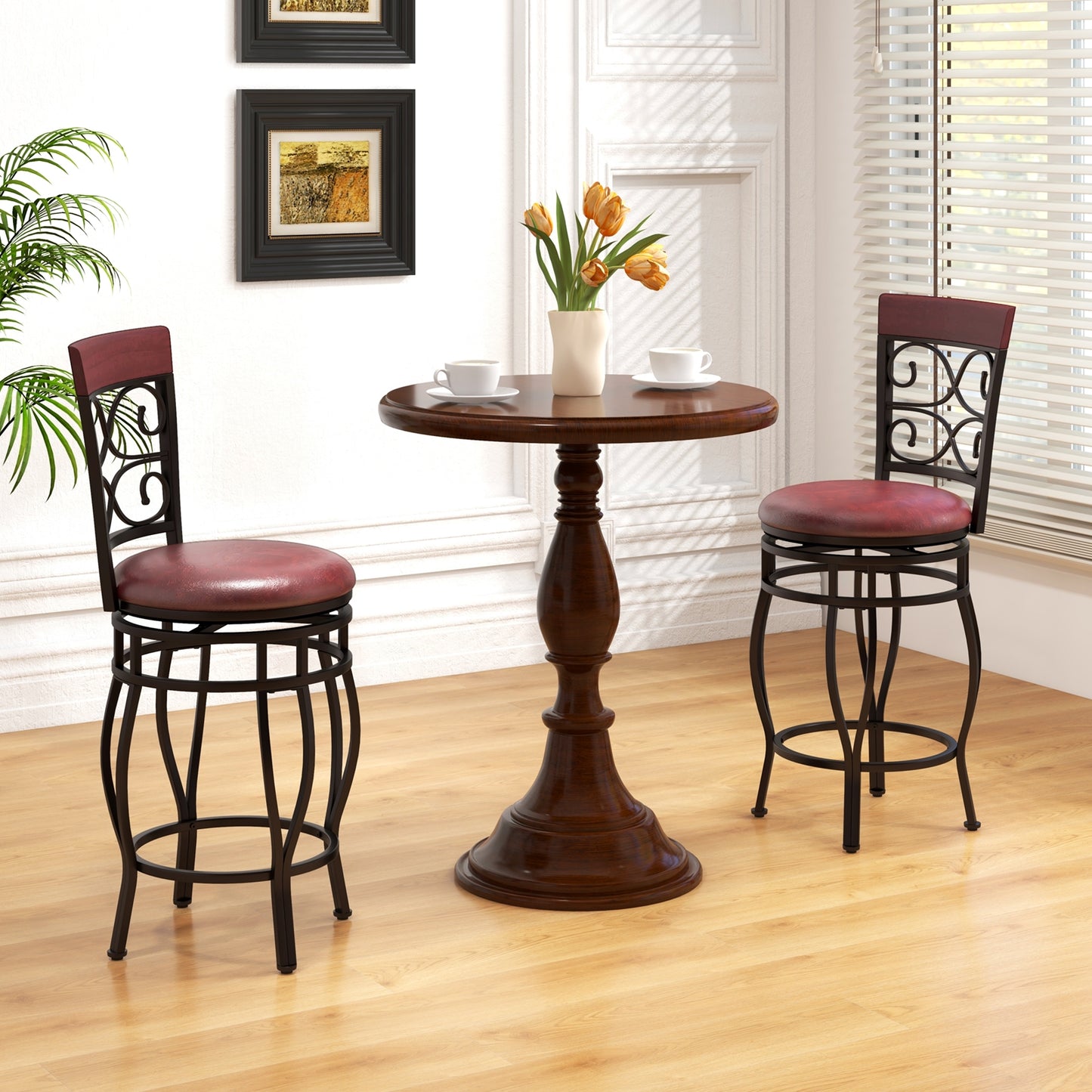 26 Inch Swivel Bar Stools with Backrest and Footrest for Kitchen and Home Bar Set of 2 Brown