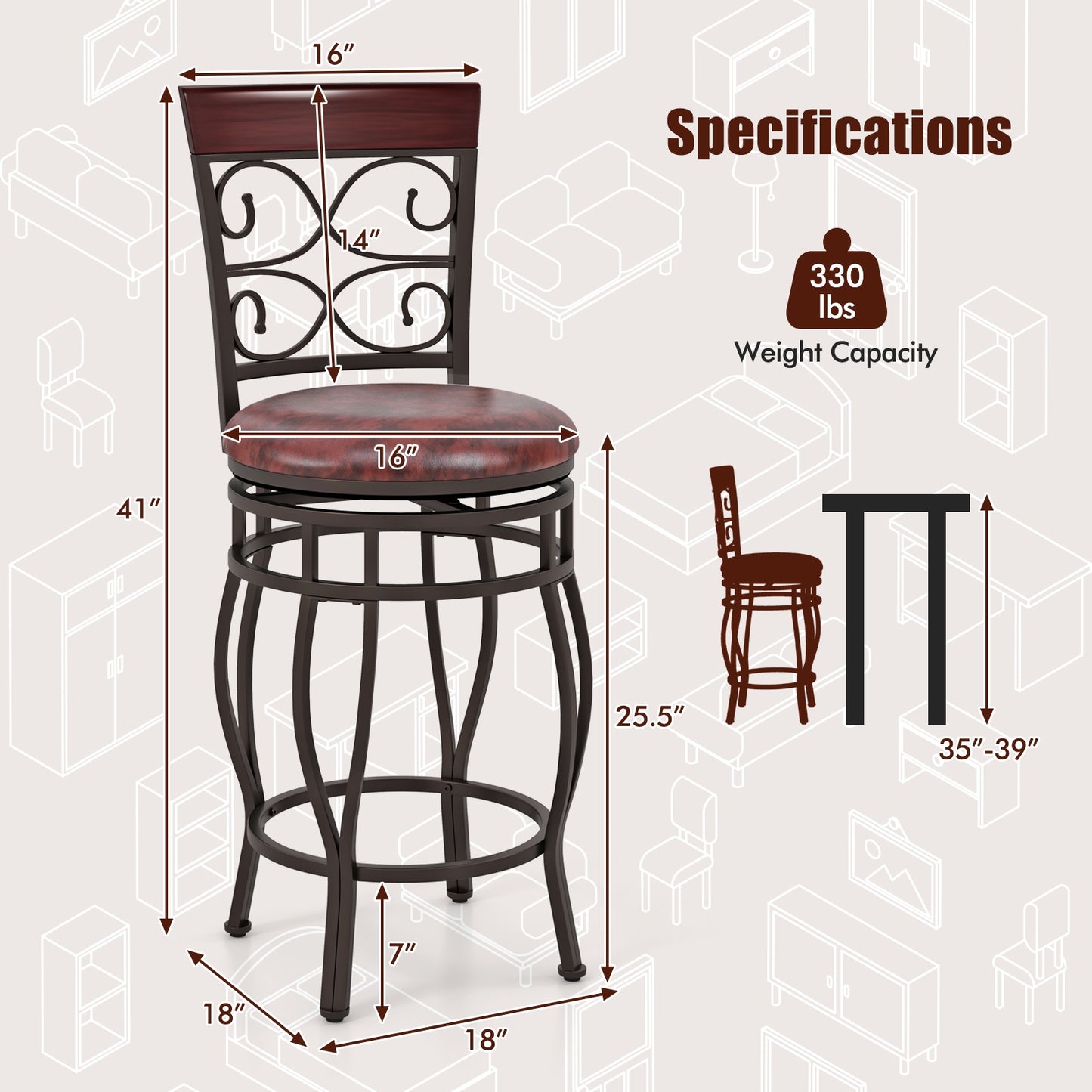 26 Inch Swivel Bar Stools with Backrest and Footrest for Kitchen and Home Bar Set of 2 Brown