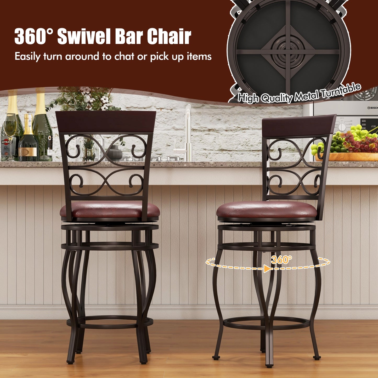 26 Inch Swivel Bar Stools with Backrest and Footrest for Kitchen and Home Bar Set of 2 Brown