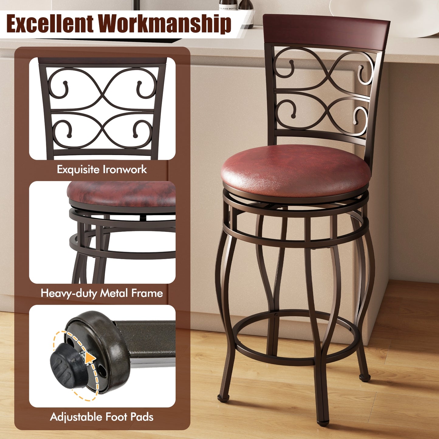 26 Inch Swivel Bar Stools with Backrest and Footrest for Kitchen and Home Bar Set of 2 Brown