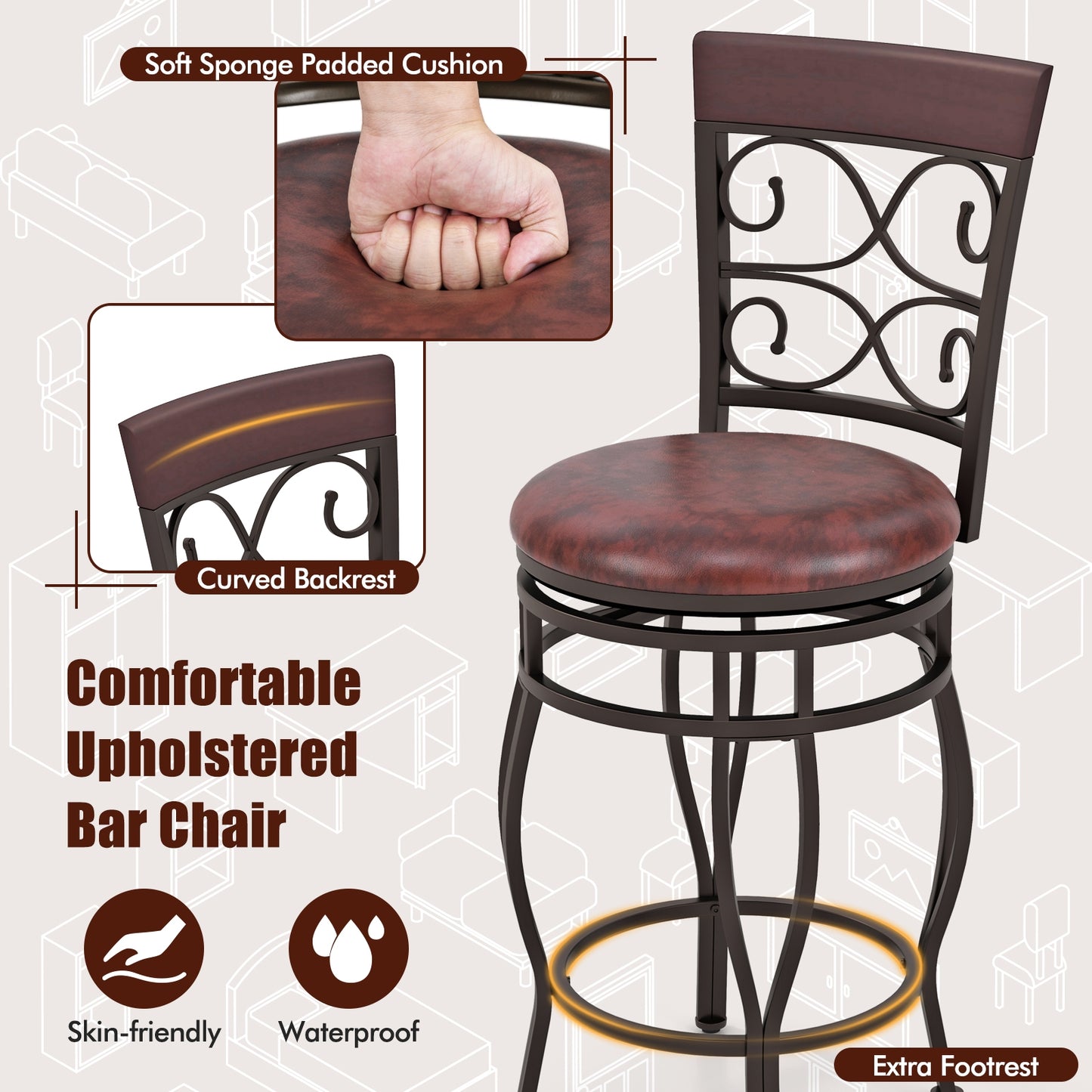 26 Inch Swivel Bar Stools with Backrest and Footrest for Kitchen and Home Bar Set of 2 Brown