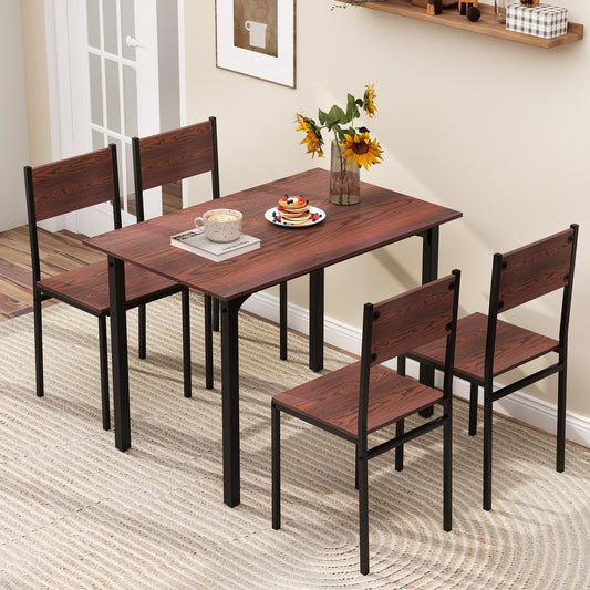 Modern 5 Piece Dining Table Set with Metal Frame and Wood Grain Finish - Walnut