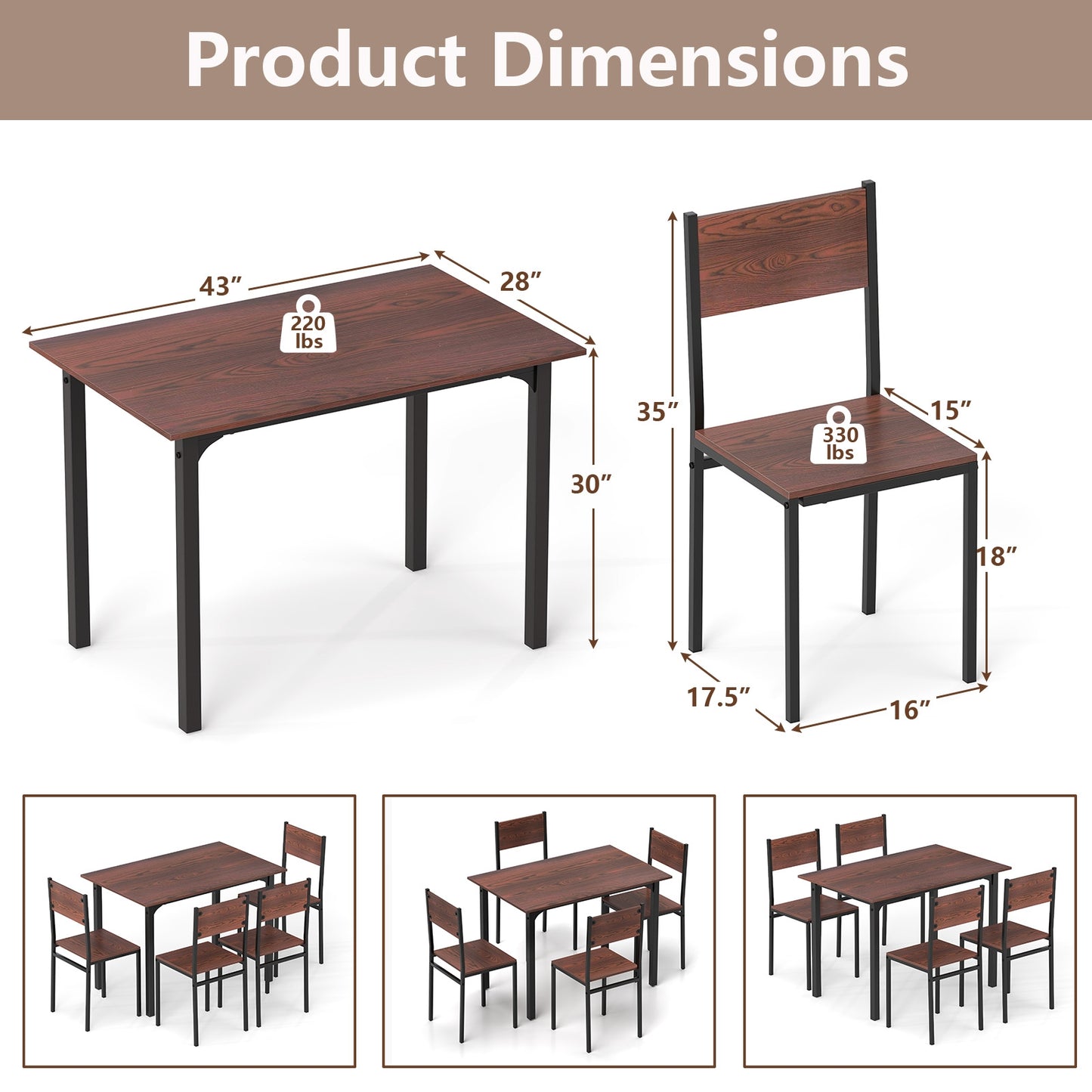 Modern 5 Piece Dining Table Set with Metal Frame and Wood Grain Finish - Walnut
